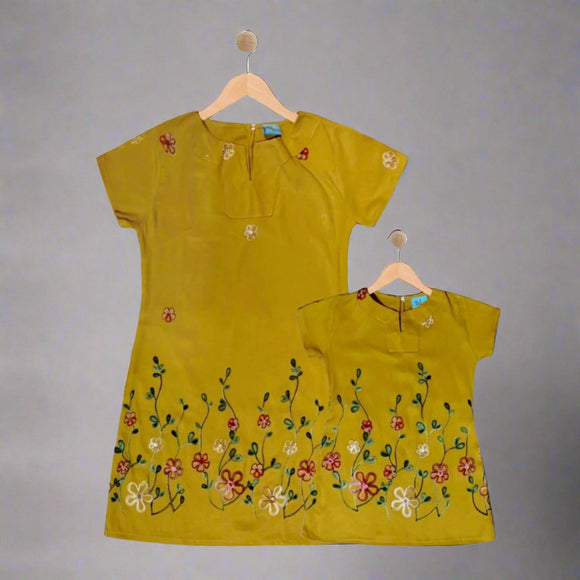 NELLA: mustard embroidered cenefa dress