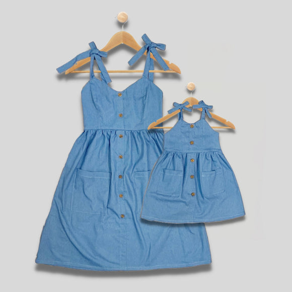 ENYA: ribbon strap chambray dress